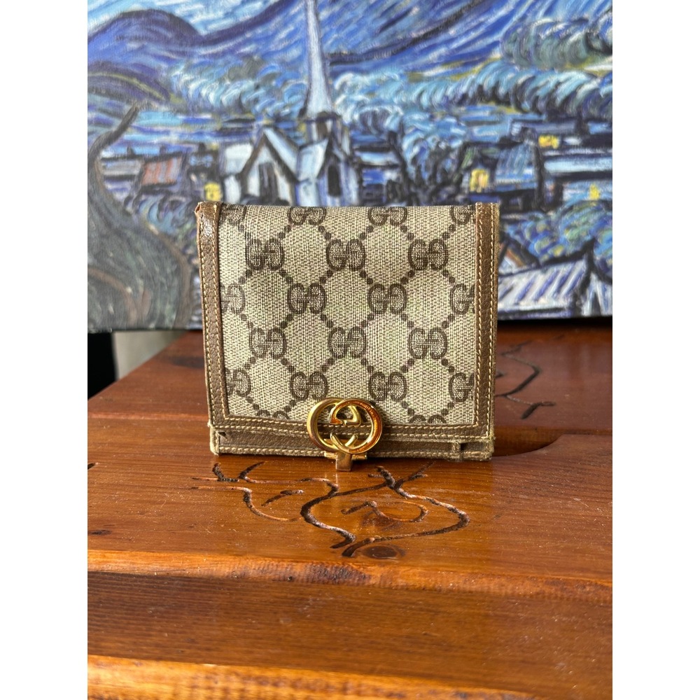 Vintage Gucci GG Supreme Monogram Bifold Wallet Brown Leather Interlocking G Log - Picture 2 of 16
